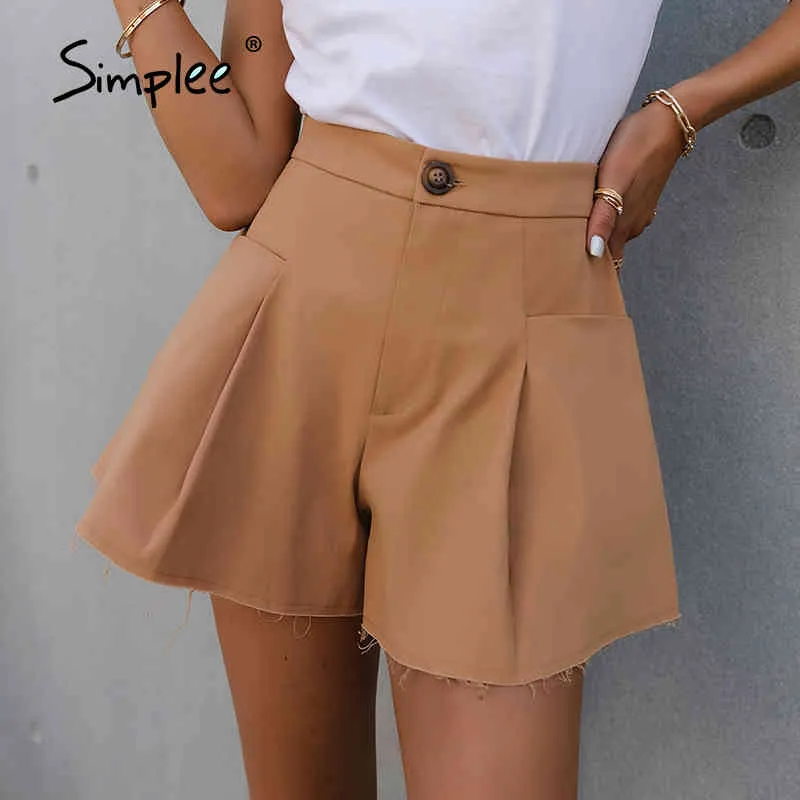 A-forrada cintura alta perna larga perna rugas moda verão causal caqui mulher shorts elagant botão solto curto 210414