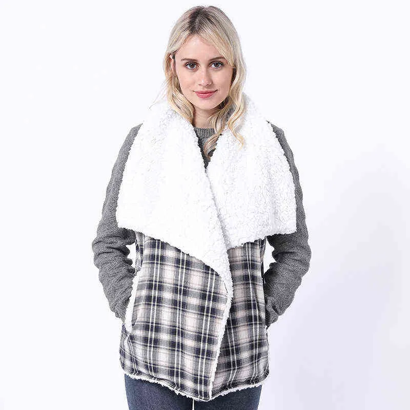 Outono e inverno mulheres imitação de lã lã colete top temperamento cor sólido versátil pelúcia casaco quente 211207
