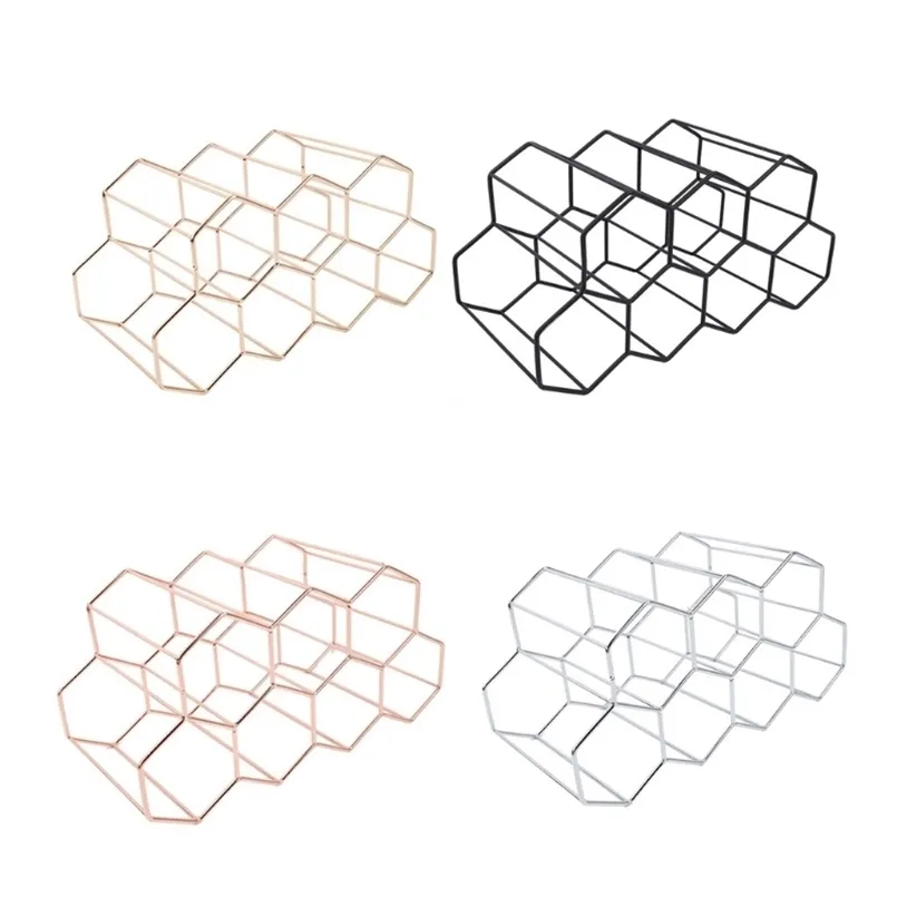 83xc Nowoczesny Metalowy Metal Honeycomb Wino Rack Butelka Przechowywanie Bułka Bułka Tabletop Hexagon 9 Wyświetlacz uchwyt 211105