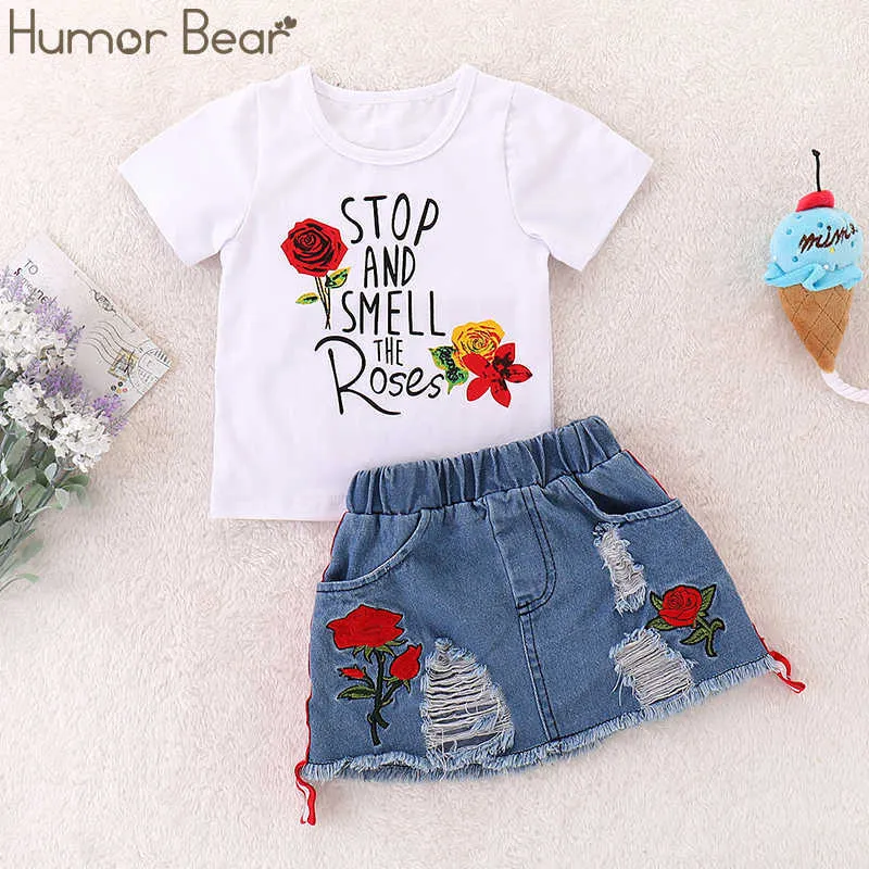 Humor Bear Kids Set Children's Clothes Suit Summer Embroidery Letter Print Short sleeve+skirt 2Pcs Set Toddler Christmas Outfits X0902