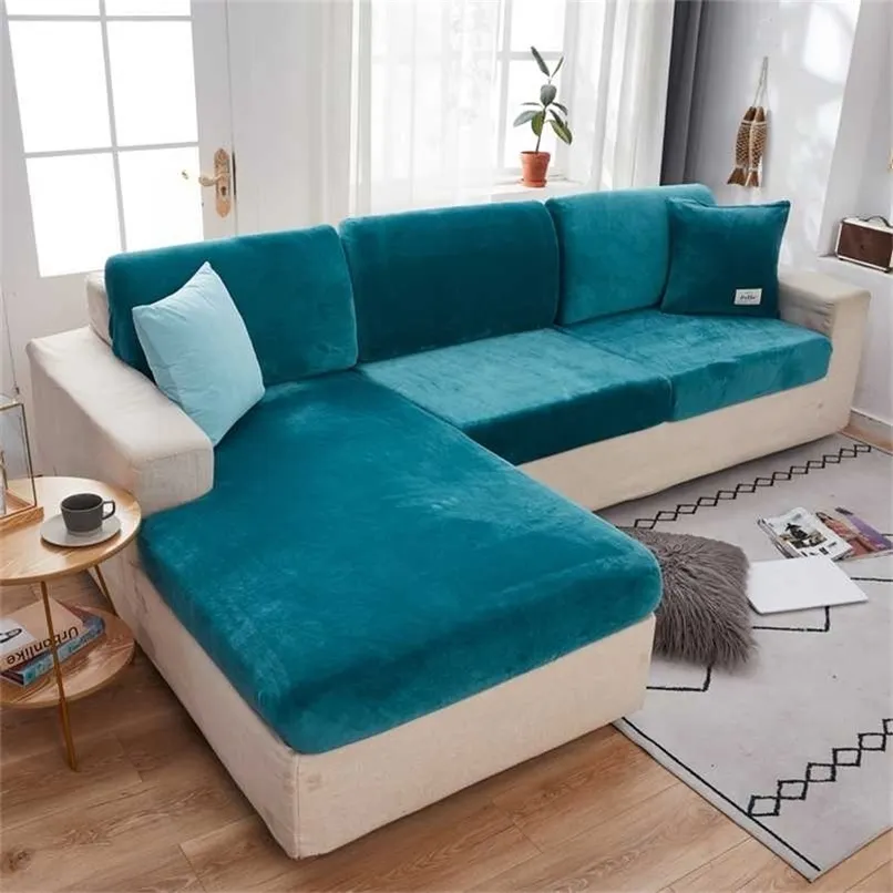 Sofá elástico de veludo encaixe conjuntos para sala de estar macio de pelúcia Slipcovers Elasticated 2 e 3 lugares de almofada de sofá-cama 211116