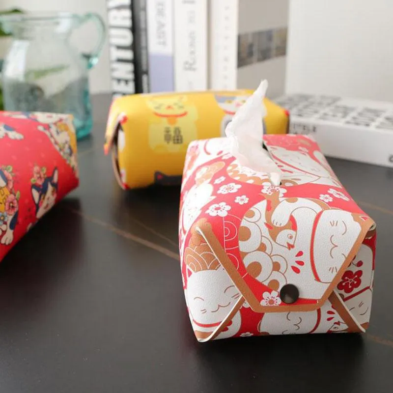 Tissue Boxes & Napkins Leather Red Color Lucky Cat Box Living Room Removable Napkin Holder Creative Case For Car Office Household Supply