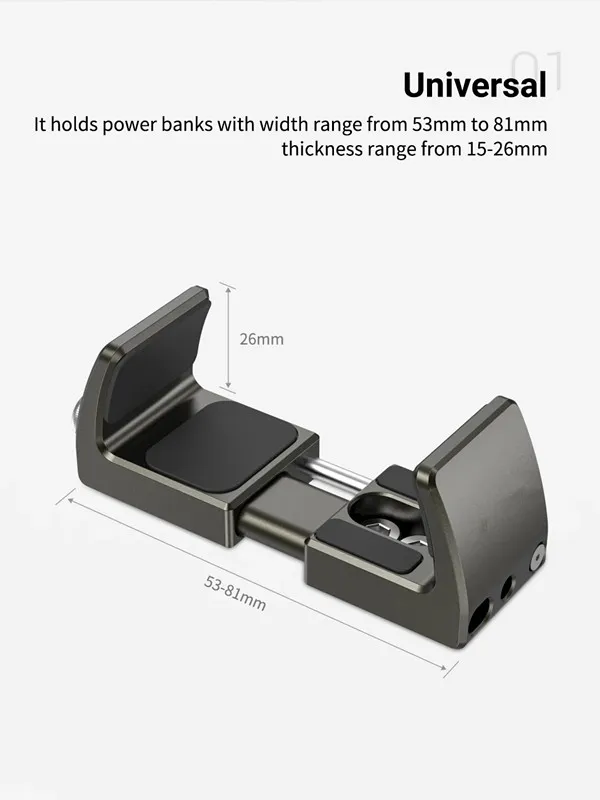 Universal Power Bank Holder Justerbara banker med bredd varierar från 53mm till 81mm för vlogging video shoot