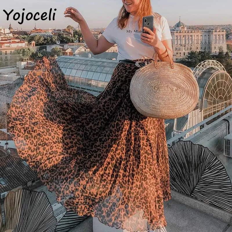 Yojoceli leopard chiffon skirt bottom women long streetwear boho female print 210609