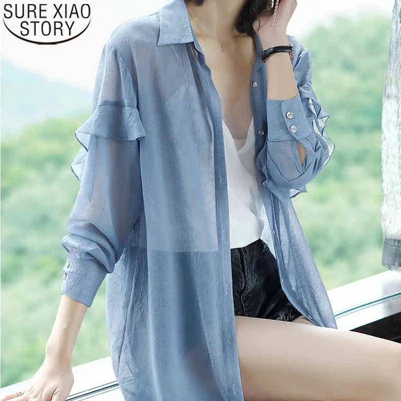 Chemise bleue d'été printemps et automne vêtements résistants au soleil femmes Cardigan en mousseline de soie mince chemises à manches longues pour femmes en plein air 9883 210417