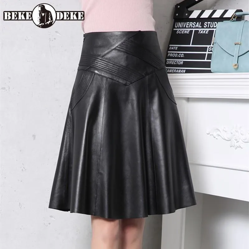 Rokken S-5XL Plus Size Rok Dames Lederen Hoge Taille Midi Vrouwelijke Zwart 60 cm Lange Faldas Mujer Echte Huid geplooid Jupe