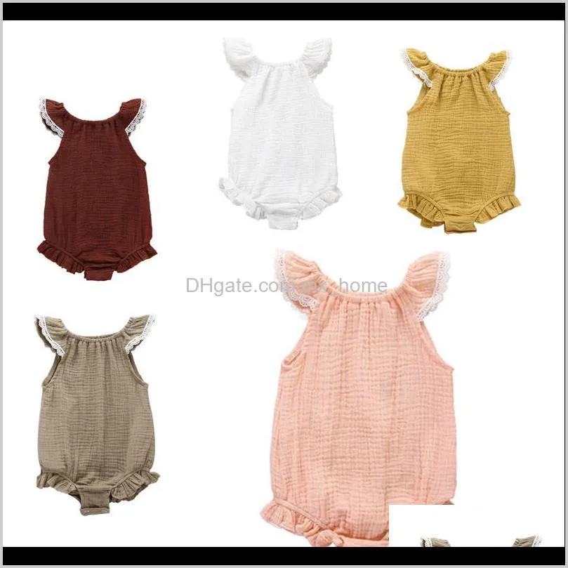 JumpsuitsRompers Babykleding Baby Kinderen Moederschap Drop Levering 2021 Zuigeling Rompertjes 5 Kleuren Zomer Mouwloze Ruffle Vouw Kant Jumpsuit Sin