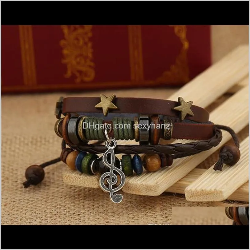 punk beaded leather multilayer wrap bracelet mens vintage alloy star music note charm pendant bracelet men jewelry