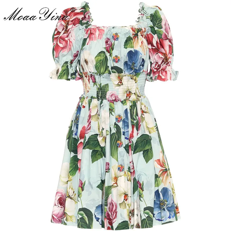 Diseñador de moda Vestido de algodón Verano Mujer Puff Manga Botón Slash cuello Estampado floral Cintura elástica Elegante 210524