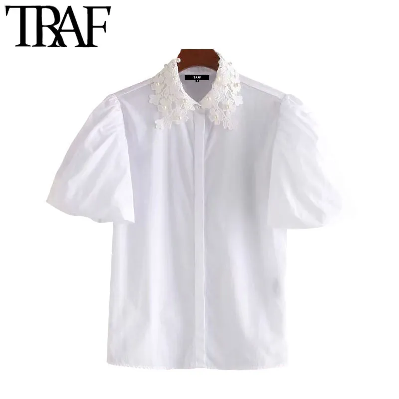 TRAF DROMEN Sweet Fashion Pearl Beading Lace Blouses Vintage Rapel Kraag Puff Mouwen vrouwelijke shirts blusas chic tops 210415