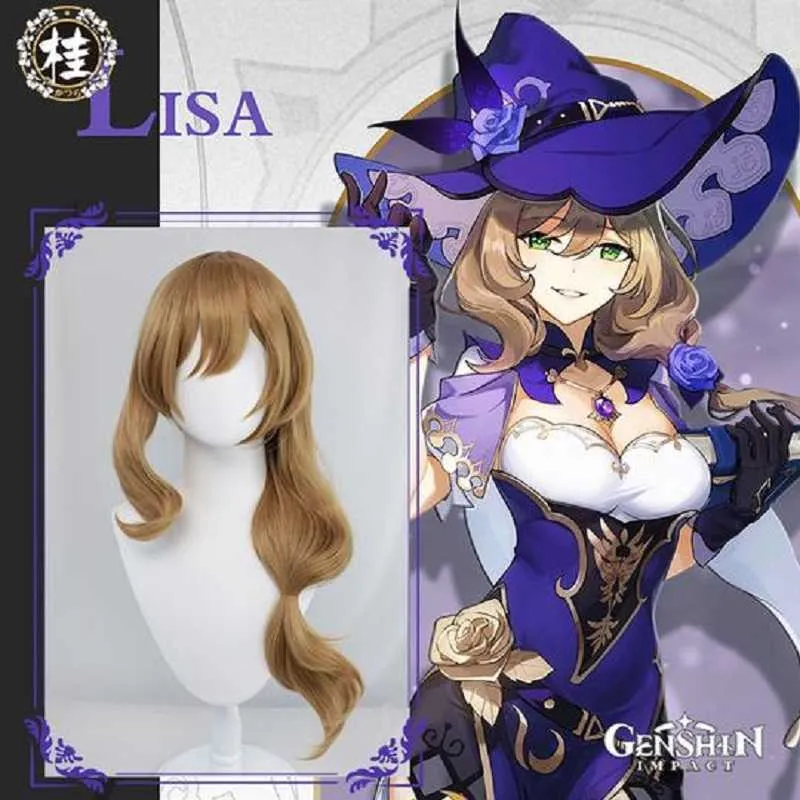 ウォワーゲームGenshin Impact Lisa魔女の紫色のローズコスプレウィッグ司書70cmブラウン長い波状の髪Y0903