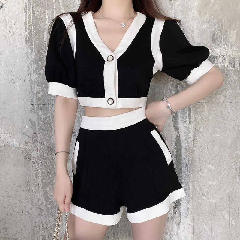 Sommer Casual Stricken 2 Stück Set Frauen Trainingsanzug Crop Top Hose Anzüge Zwei Stück Outfits ensemble femme Overalls shorts weibliche Y0702