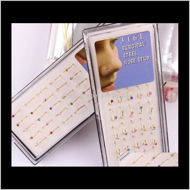 hoop nose ring 48pcs/lot mix 6 color cz gem body jewelry piercing nose stud gold nose rings