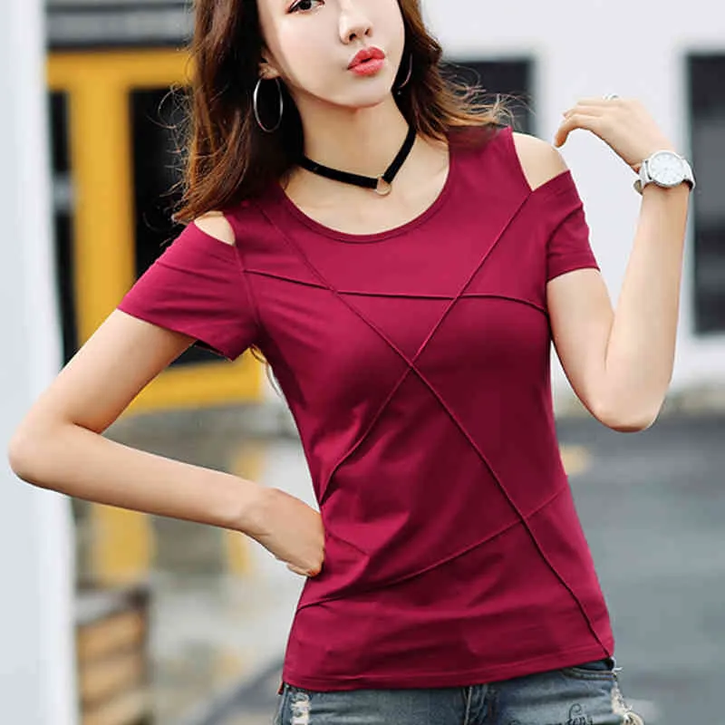 T-shirt taglie forti Donna Top Tee Shirt Femme Camisetas mujer T-shirt con spalle scoperte T-shirt sexy estive casual 971B3 210420