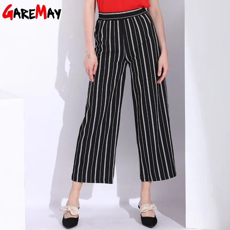 Lâche Rayé Taille Haute Pantalon Femmes En Mousseline De Soie Large Jambe Pantalon D'été Élastique Pantalon Grande Femme 210428