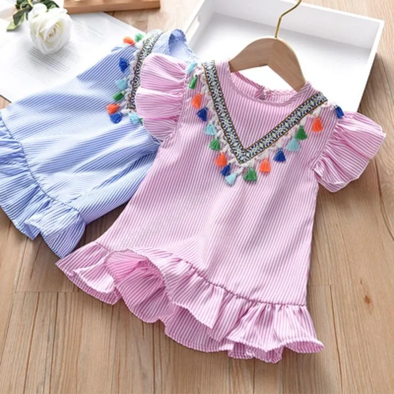 Baby tjejer klänningar randig prinsessa klänning tofs collar barn klänningar ruffled ärm sommar barn kläder blå rosa