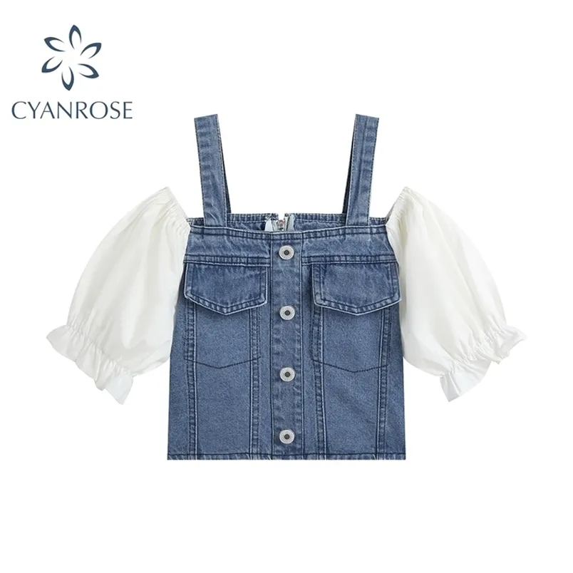 Patchwork Short Sleeve Denim Blus Kvinnor Sommar Off Shoulder Stitching Suspender T Shirts Fashion Female Crop Tops 210515