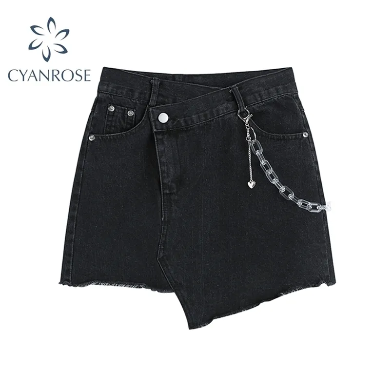 Été Jeans Shorts Femmes Gothique Harajuku Mode Y2K Taille Haute Pantalon Vintage Conception Irrégulière Denim Noir Femelle 210515