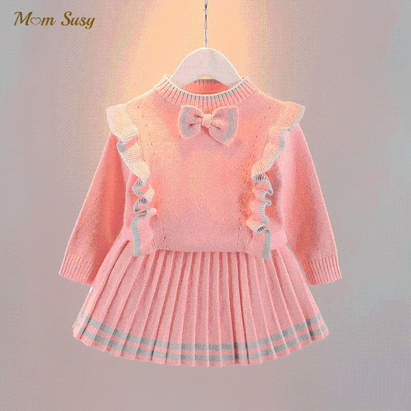 의류 세트 아기 소녀 면화 니트 옷걸이 세트 활 스웨터 + 니트 주름 치마 2pcs 유아 유아 긴 소매 복장