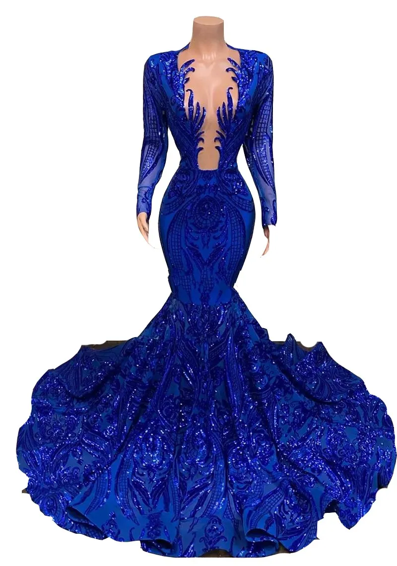 2022 African Royal Blue Sparkly Sequined Lace Vestidos de baile Mangas largas Lentejuelas Sirena Tallas grandes Vestido de fiesta Vestidos de noche formales Use cuello en V profundo