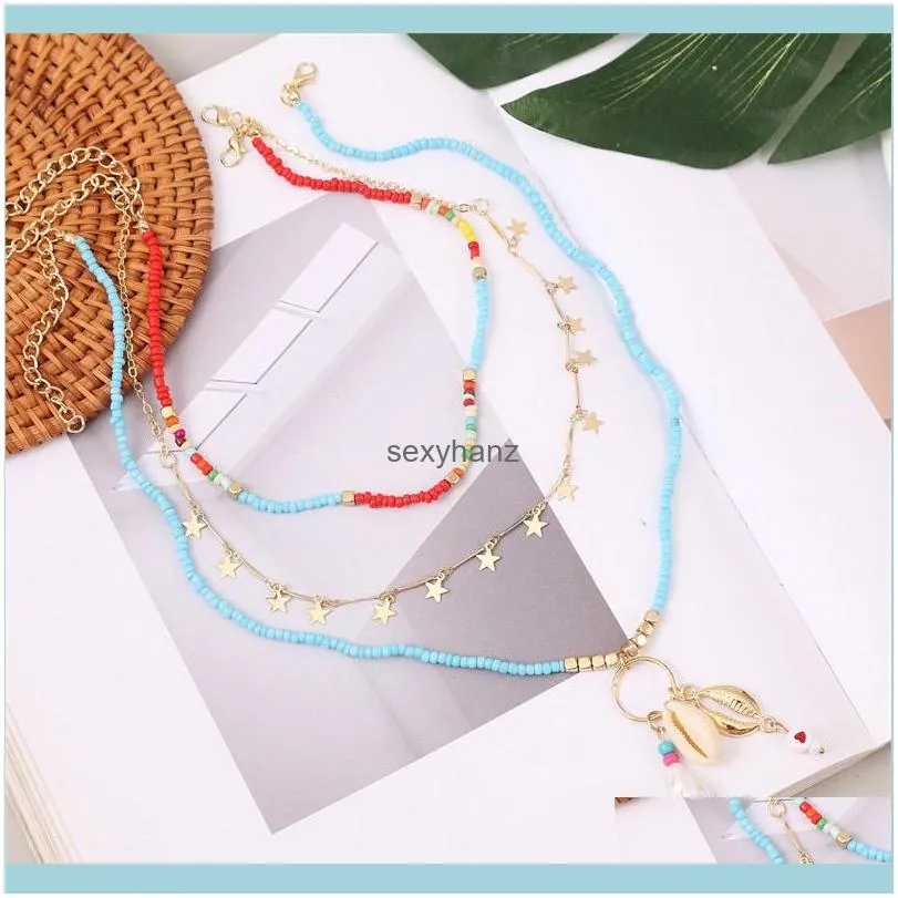 3 Pcs/Set Boho Fashion Natural Shell Star Pendant Blue Glass Beaded Long Necklaces For Women Trendy Gold Metal Chain Necklace