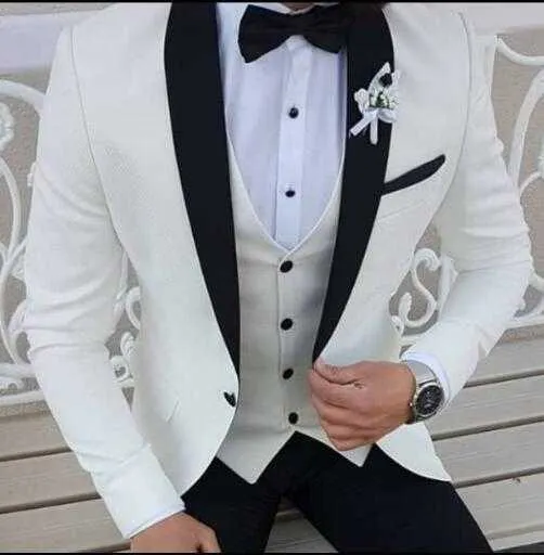 2019 senaste kappa byxor vita män passar svart sjal lapel formella tuxedos bröllop kostymer för män prom party klänning med byxor x0909