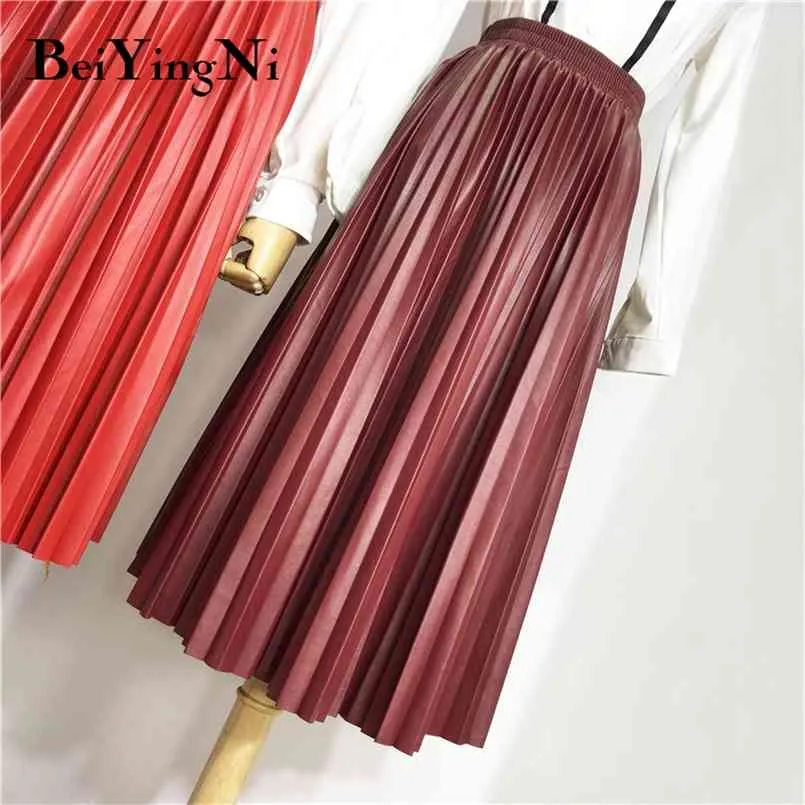 PU Skórzana spódnica Wysoka talia Midi Plised Vintage Moda Solid Color Koreański Streetwear Spódnice Kobiet Ol Casual Faldas 210506