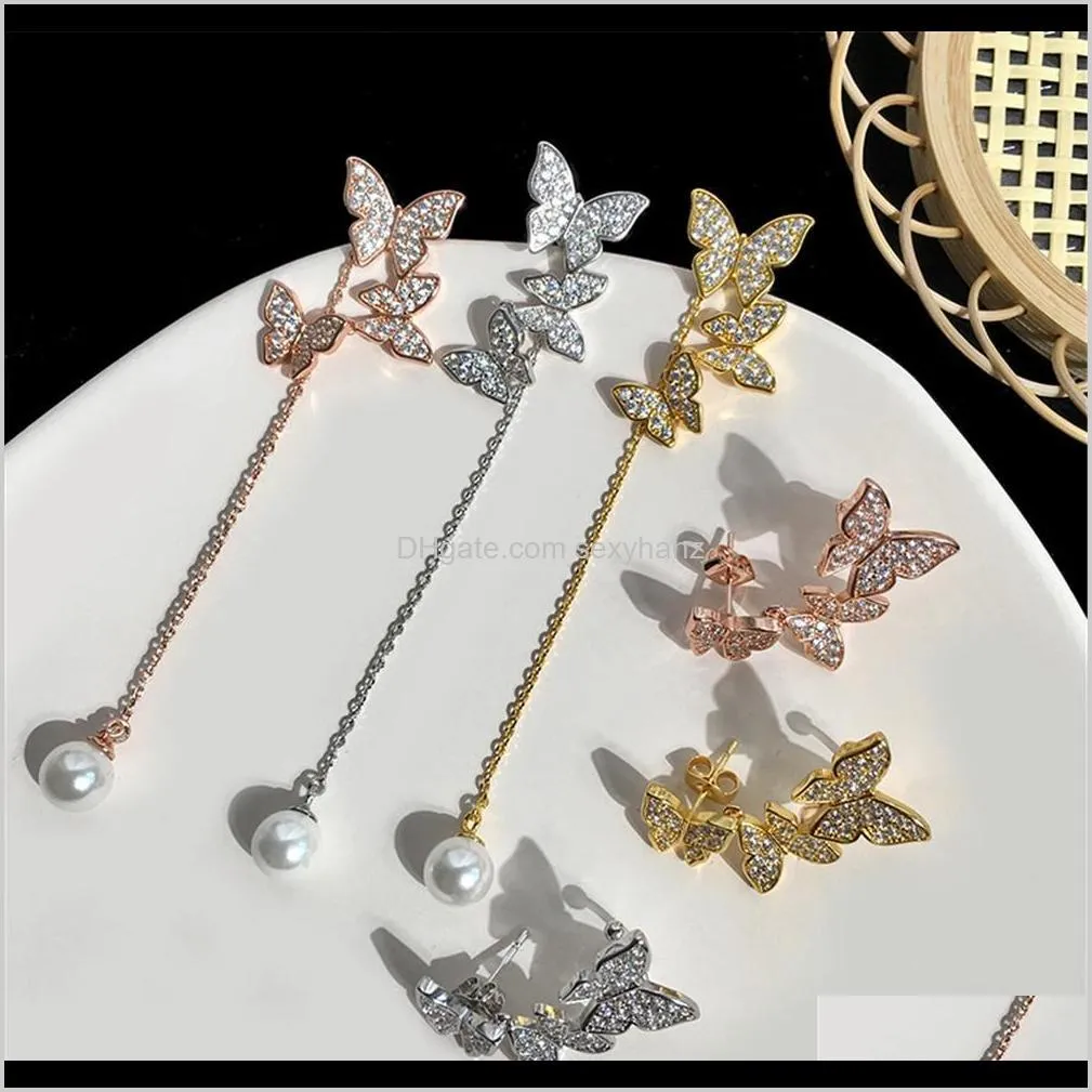 2021 beautiful four leaf clover butterfly tassel dangle long earrings with diamonds 18k gold s925 silver for van women&girls wedding valentine`s day jewelry