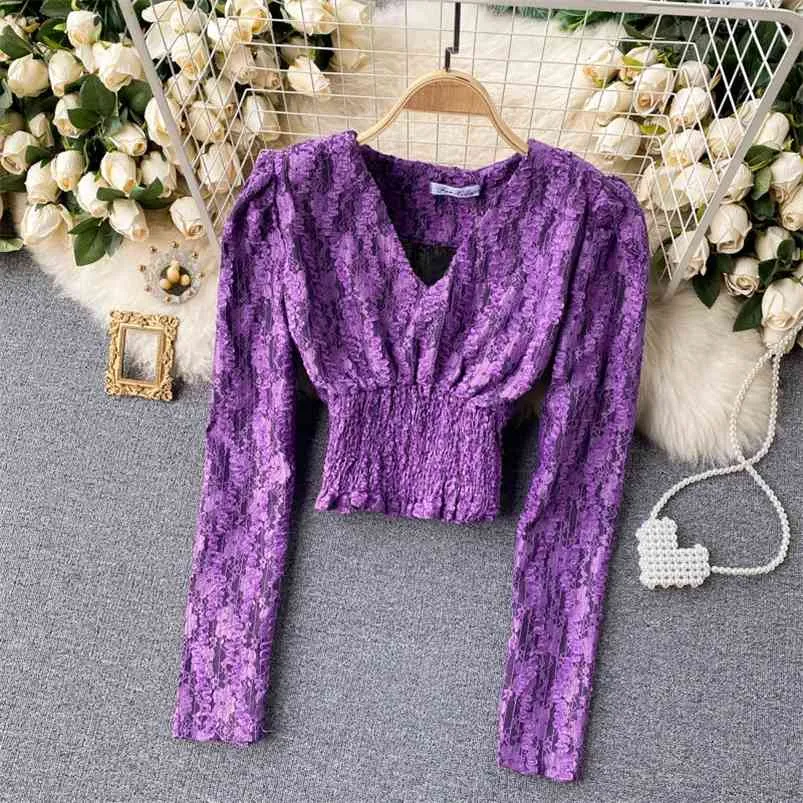 Spring Lace Bottoming Shirt Kvinnors temperament V-nacke Slim Short Blouse Elastic Waist Tun Puff Sleeve Blusa C268 210507