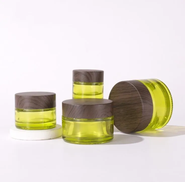 Olive Green Glass Cosmetic Jars Empty Makeup Sample Containers Bottle with Wood grain Leakproof Plastic Lids BPA free for Lotion, Cream SN4263