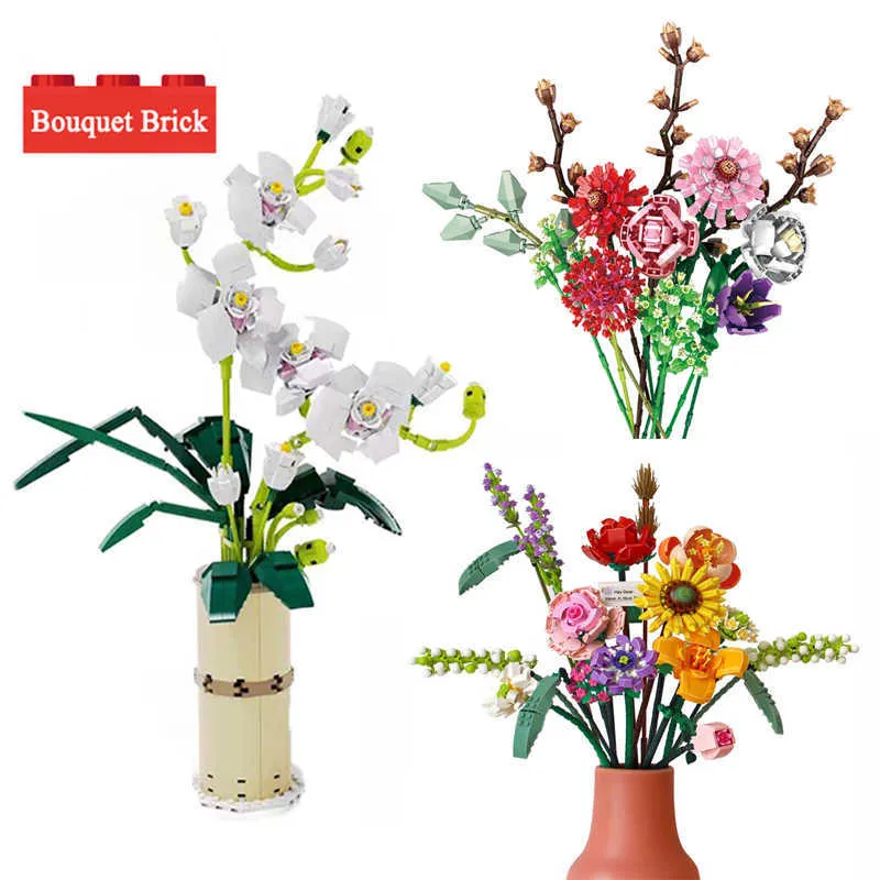 ブーケビルディングブロックモデル家の装飾盆栽植物の花ロマンチックなローズDIY組み立てられたおもちゃのビルディングブロック女の子ギフトボックスQ0823