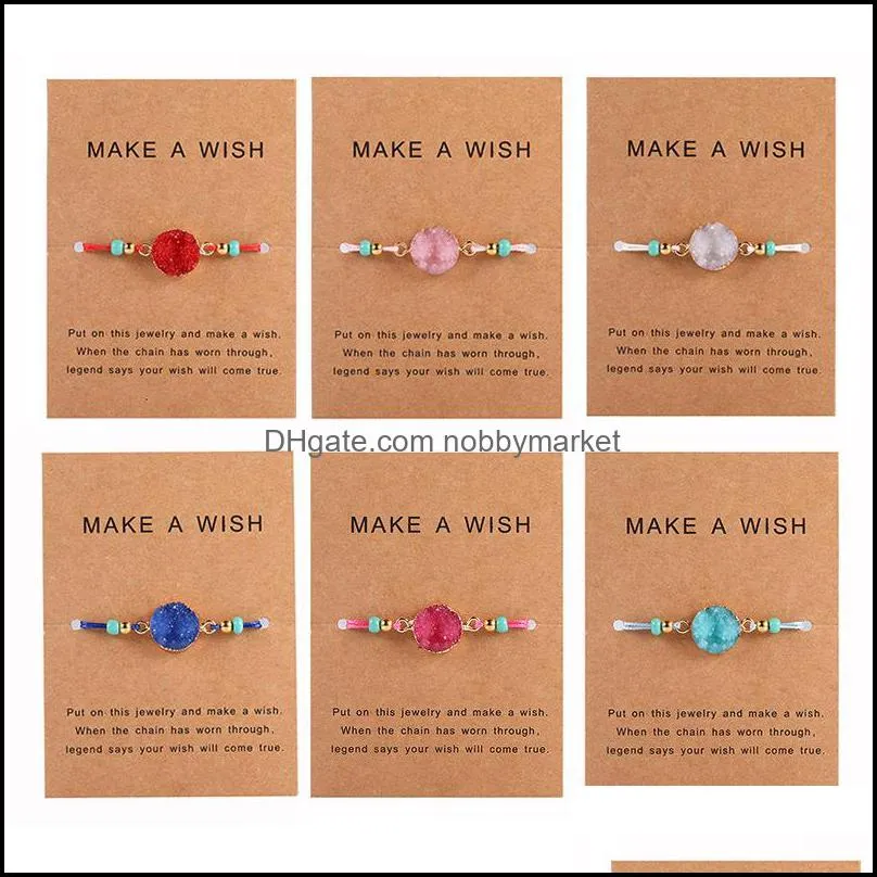 Charme pulseiras de jóias moda druzy resina pulseira de pedra com fazer um desejo cartão de presente trançado corda corda corda beads pulseira para mulheres homens handmad