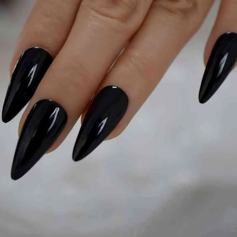 Sharp Pointed Black Gel Black Stiletto Nails Medium Long Size Real