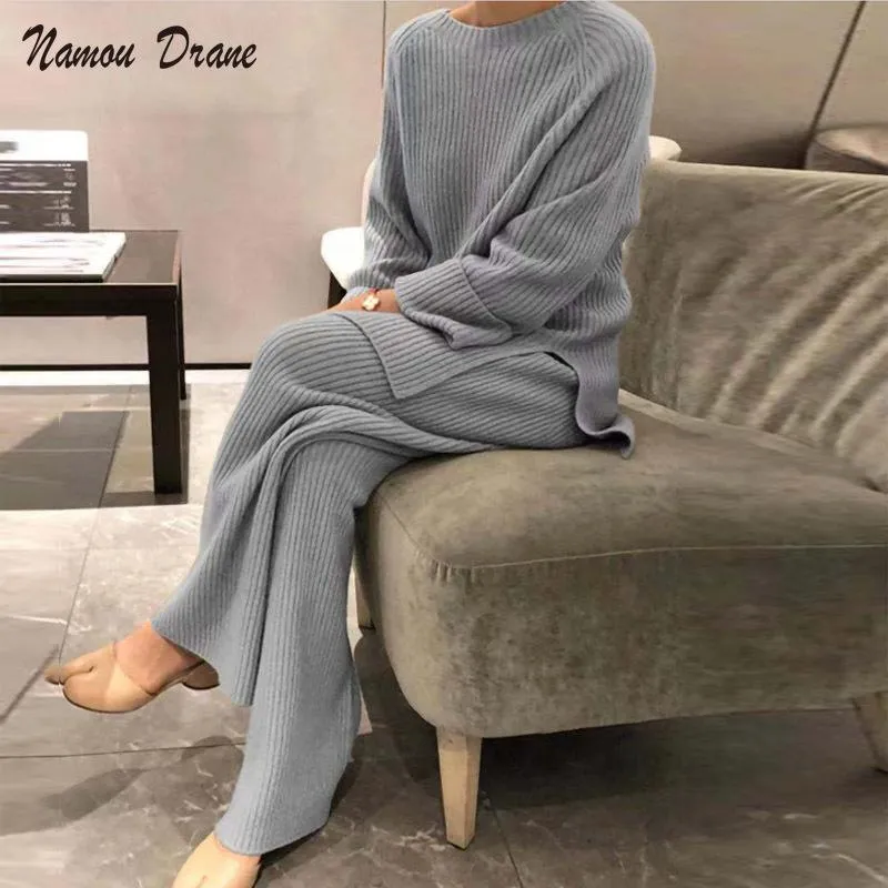 Kvinnors tvådelade byxor Homewear Pantsuit för kvinnor Set Elegant Pullover O Neck Långärmad Lös 2 Bredt Bendräkt Varm Vinter 3XL