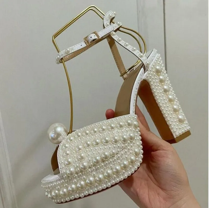 Women Pearls Platform Sandals Peep toe Diamond Wedding Party Shoes Lady Pumps