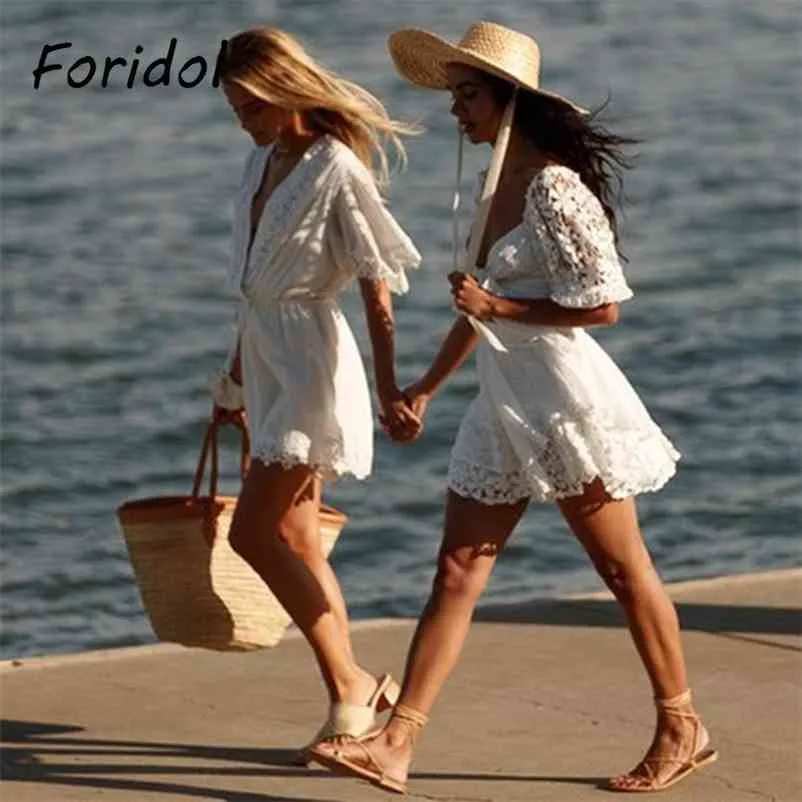 Foridol Beyaz Dantel Çiçek Tulum Romper Bahar Yaz Kadın Plaj Tulum Zarif V Boyun Kadın Moda Giysileri 210415