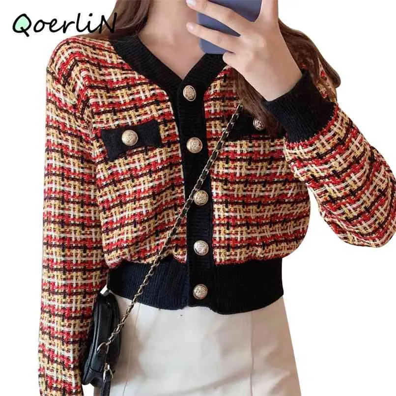 Cardigan Knitted Sweater Women V-Neck Knitwear Casual Checked Lady Winter Jacket Female Fall Retro Coat 210601
