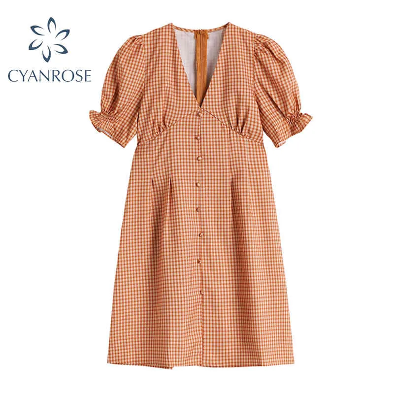 Plaid Femmes Crop Robes D'été V Col Casual Boutons Robe Français Puff À Manches Courtes Robe De Fée Taille Haute Ins Vestidos 210417