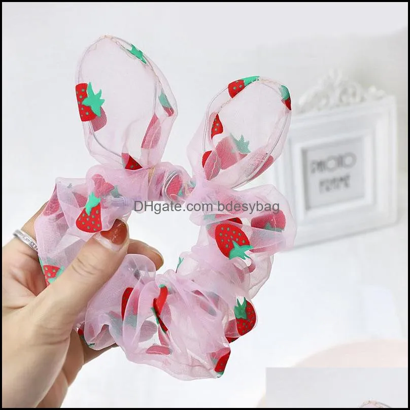 New Korea Bunny Ears Chiffon Scrunchie Elastic Hair Bands Bow Hair Rope headband strawberry Print Girls Hair Ties Accessories