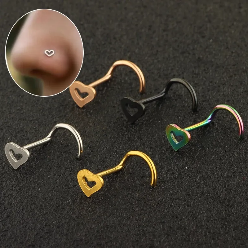 Pinos de Aço Inoxidável Forma de Coração Multicolor Nariz Anéis Nariz Studs Hooks Nose Piercing Body Piercings Jóias Corporais
