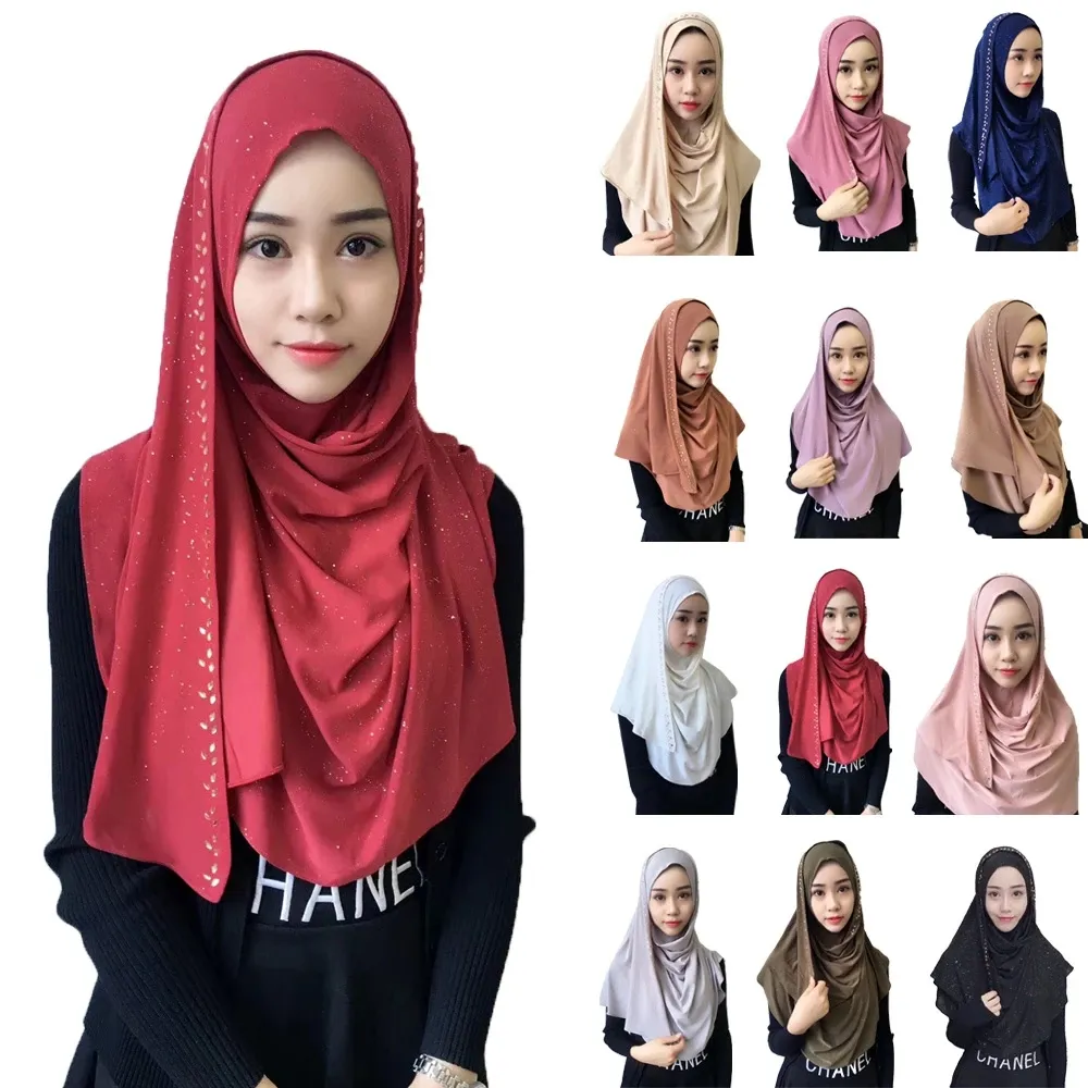 2022 Nya Kvinnor Jersey Scarf Soft Vanliga Instant Hijab Sjalar och Wraps Foulard Femme Muslim Sequins Hijab redo att bära huvudduk