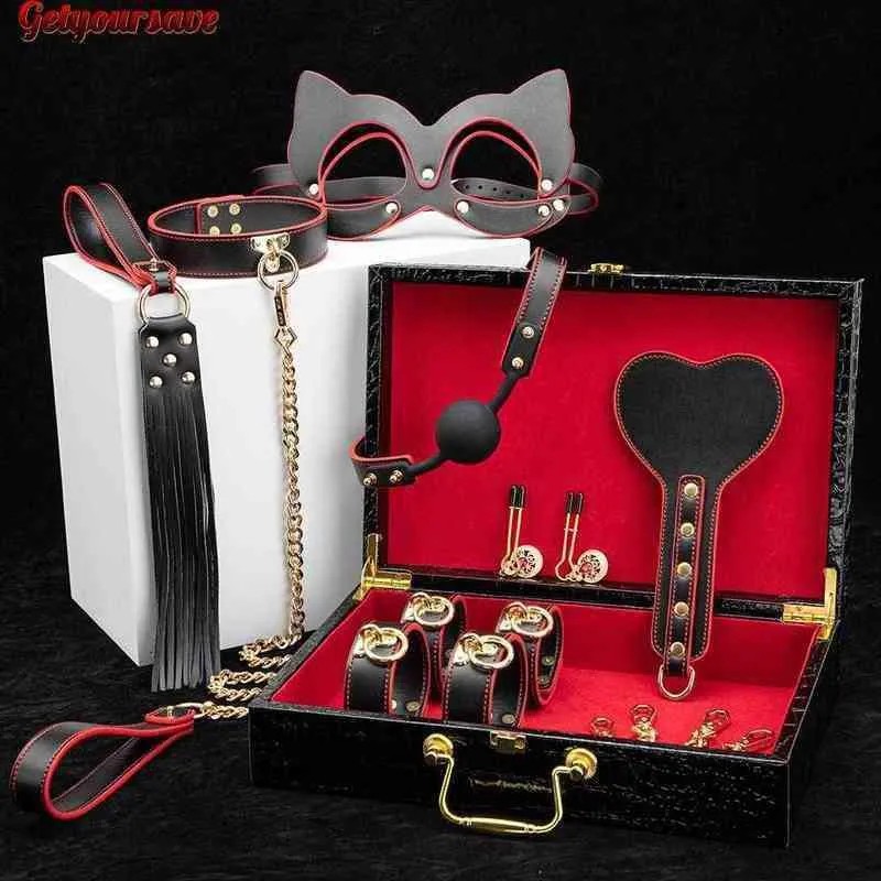 Nxy Adult Toys Getyoursave Bdsm Bondage Set Leather Kits Fetish Handcuffs Collar Gag Whip Erotic Sex for Women Couples Games 1207