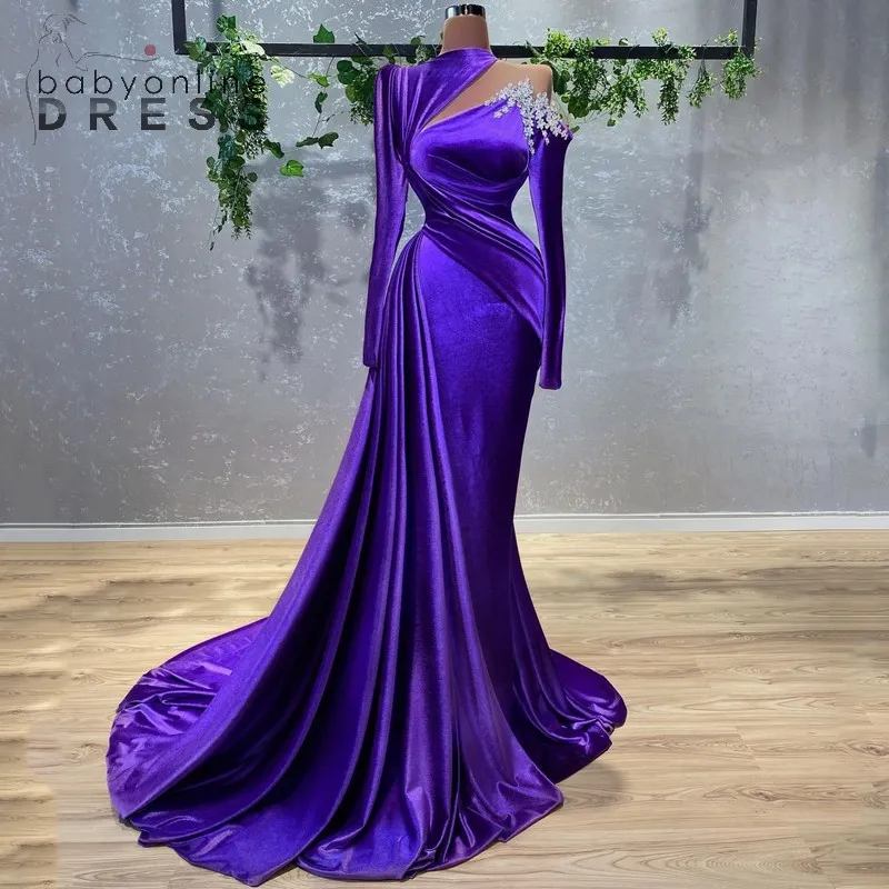 Sexy Mermaid Purple Evening Dresses With Beaded Crystals Long Sleeve Satin Party Occasion Gowns Pleats Ruffles Prom Dress Wears