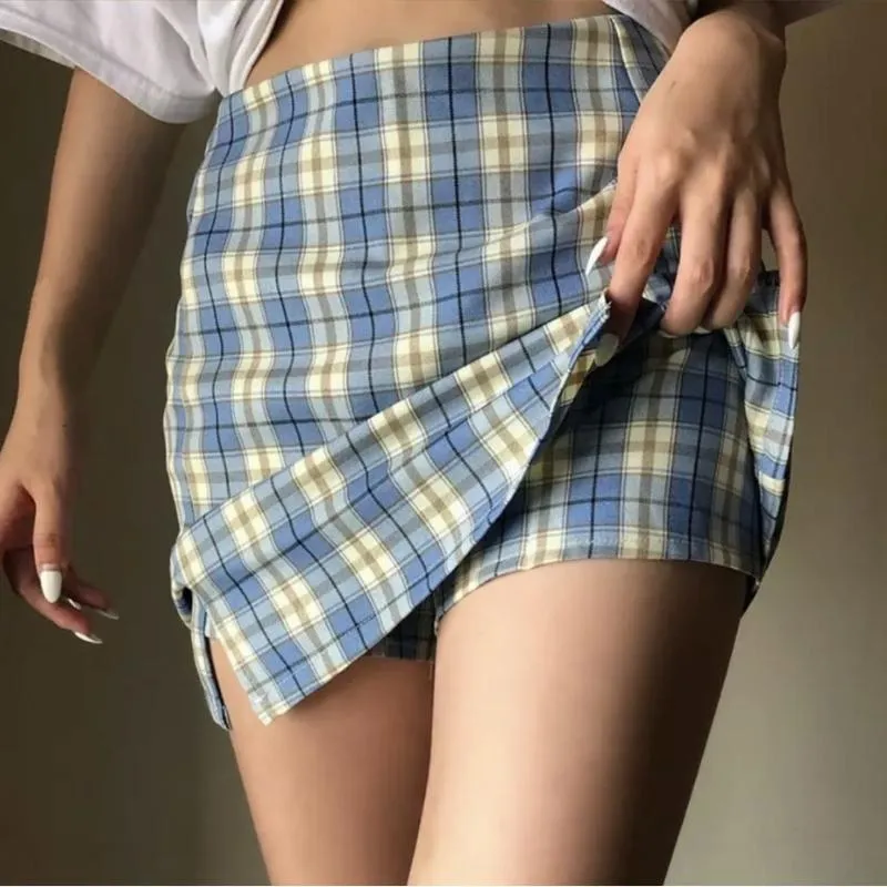 Kjolar hög midja plaid mini kvinnor kawaii plus storlekar en linje casual smal kort koreansk kjol blå 5 färger