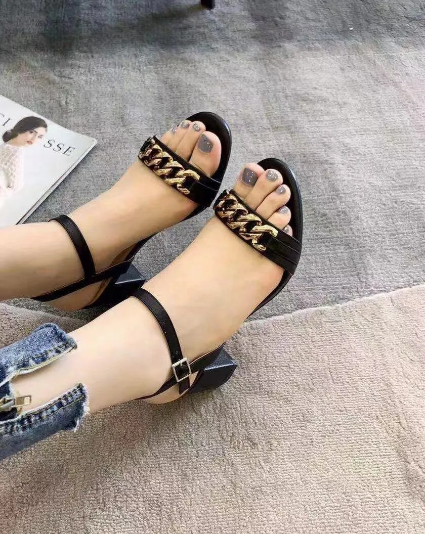 stylishbox ~ high quality! Y210051401 BLACK/IVORY chain HEELS sandals calf skin italy genuine leather ANKLE strapy 6cm classic fashion work shoes