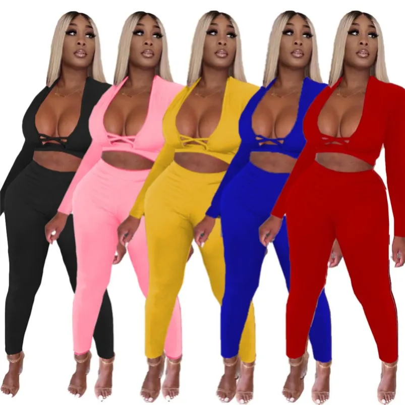 articoli all'ingrosso abbigliamento sportivo manica lunga due pezzi tute abiti sexy scollo a V y2k top pantaloni tuta pullover legging tute klw7309