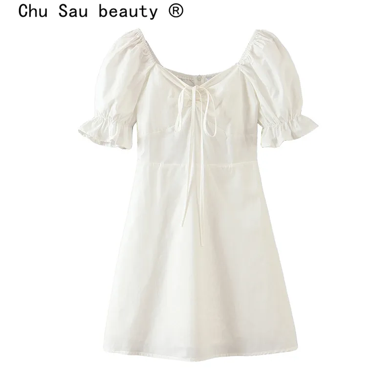 beauty Casual Style White Mini Dress Women Holiday Ruffles Bow Ladies es Summer Deep V-neck Sexy Cotton 210514