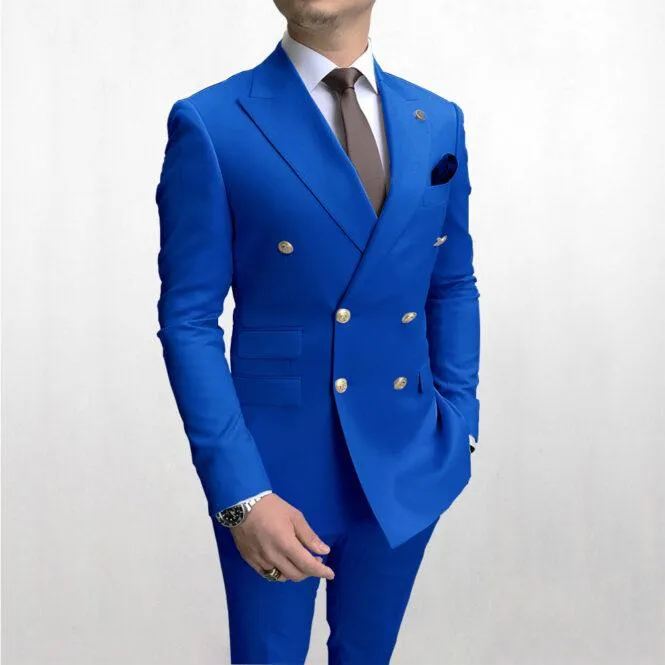 Erkekler Suits Blazers Son Count Pantolon Tasarımları İnce Fit Kraliyet Mavi El Handsom Ceket Partisi Smokin Erkek Elbise Çifte Göğüslü Düğün Damat Erkekler