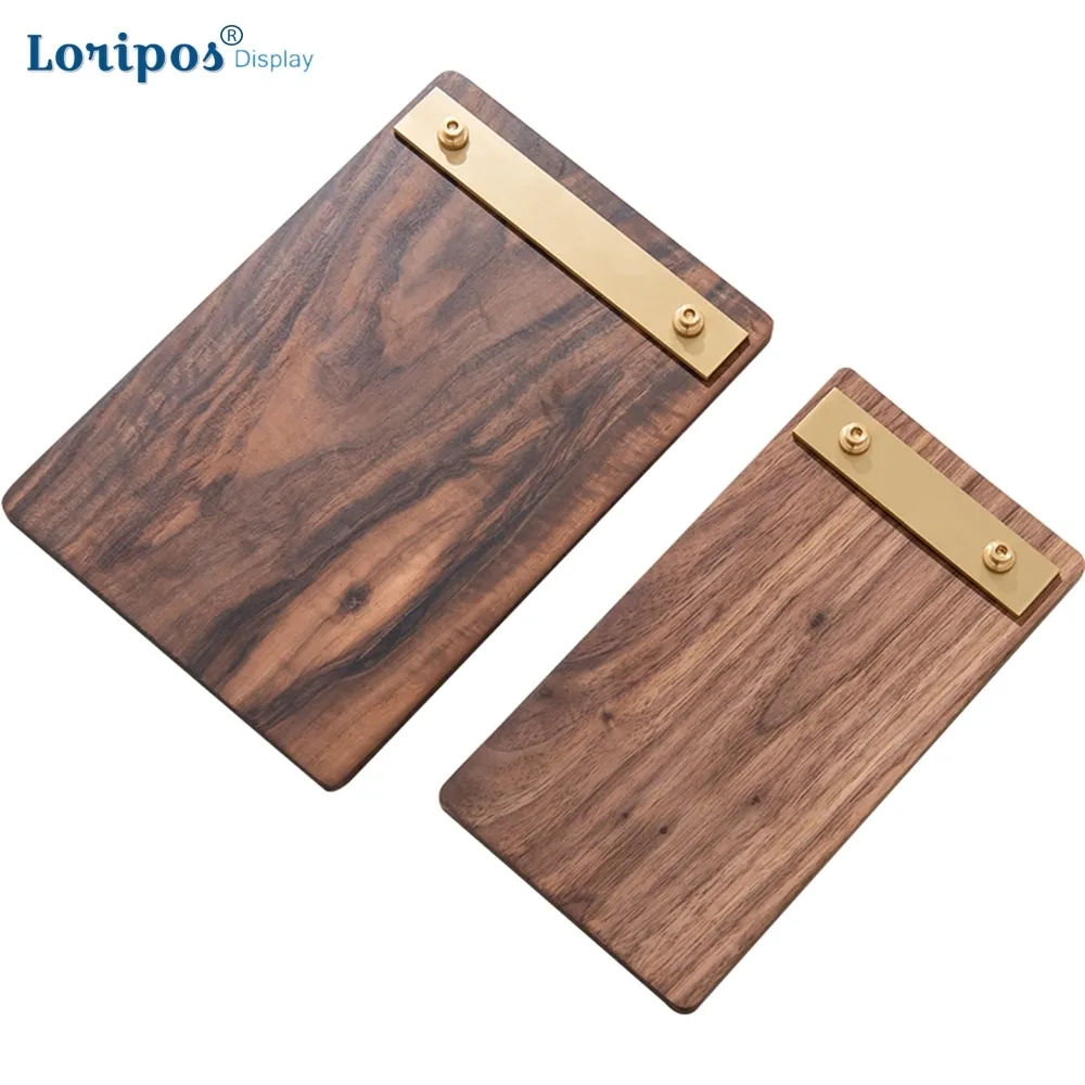 Walnut Menu Splint Listing Display Displier DiLower Frame Латунный зажим для кофе ресторан вина Заказать Вертикальный стол Плакат