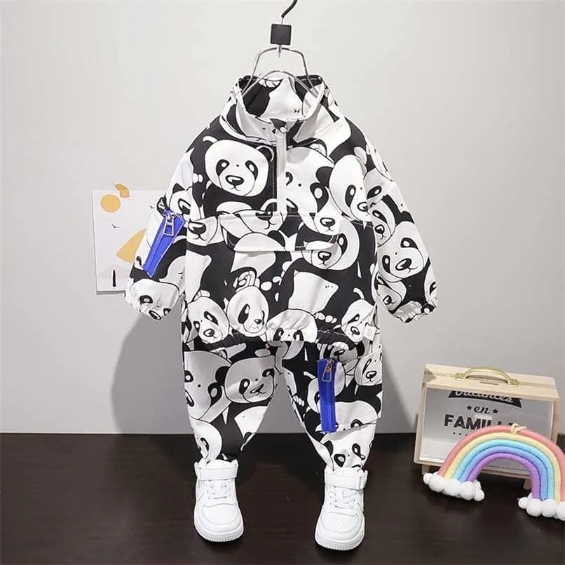 Toddler Boy Cute Panda Full Print Clothing Set Pocket Pullover Tops+ Pants 2PCS Sets Kids Spring Autumn Causal Tracksuit 220118